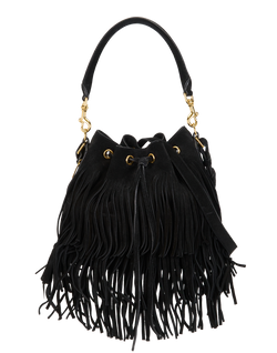 Fringed Bucket Top Handle/Crossbody, Suede, Black, S/DB, 2*